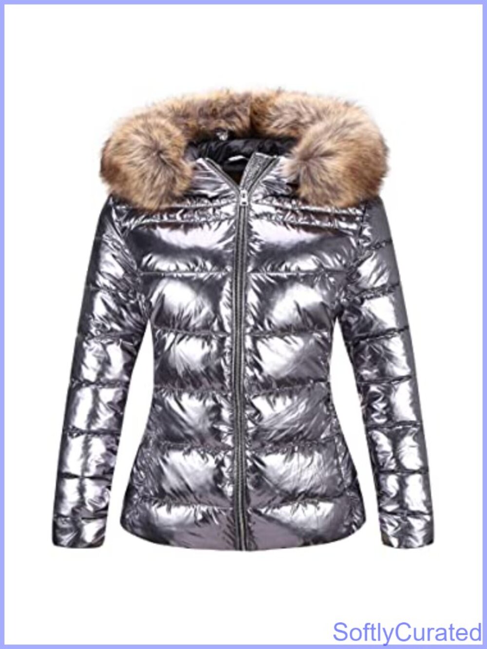 Quilted Puffer Jacket Slim Fit Hooded Winter Coat Faux Fur Collar
